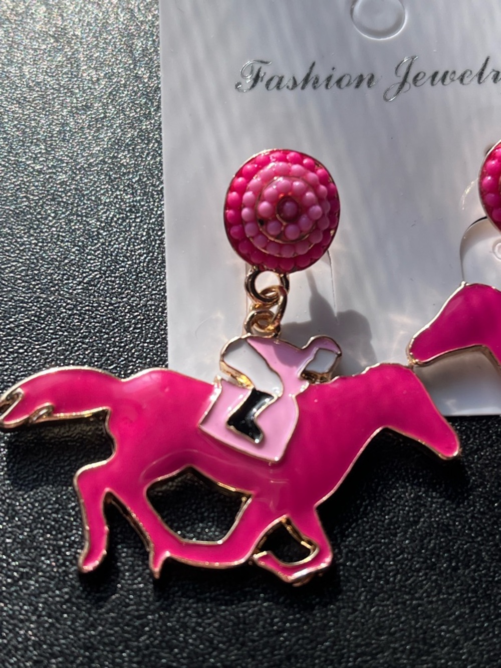 Kentucky Derby Pink Enamel Horse & Jockey Dangle Earrings - Picture 2 of 4